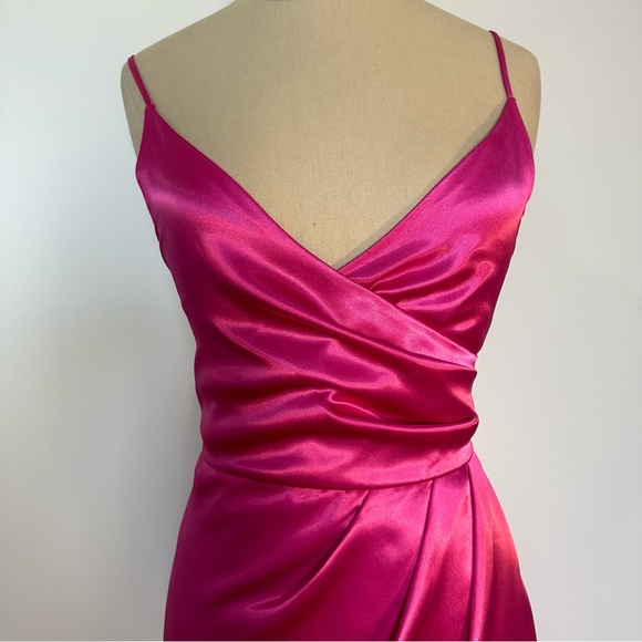 Hot pink satin effect wrap Slip lace up back long Dress gown 6 - Picture 8 of 16
